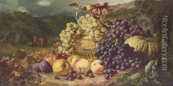 Grapes In A Gilded Basin With Peaches, Plums, Apples, Pears, Figs, Blackberries, Hazelnuts, A Pomegranate And A Gourd, In A Landscape Oil Painting - George Lance