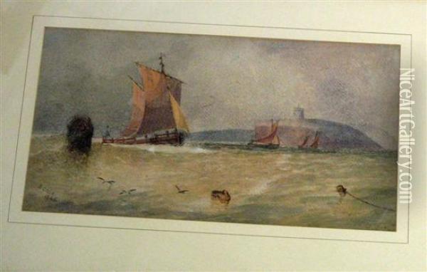 Fishing Vessels At Sea With Cliffs Oil Painting - Samuel Cook Of Plymouth