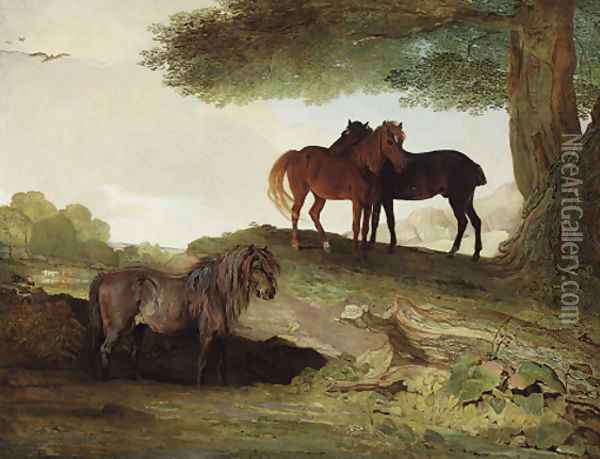 Ponies A shetland pony, and two welsh ponies beneath a tree, in a landscape Oil Painting - Ben Marshall