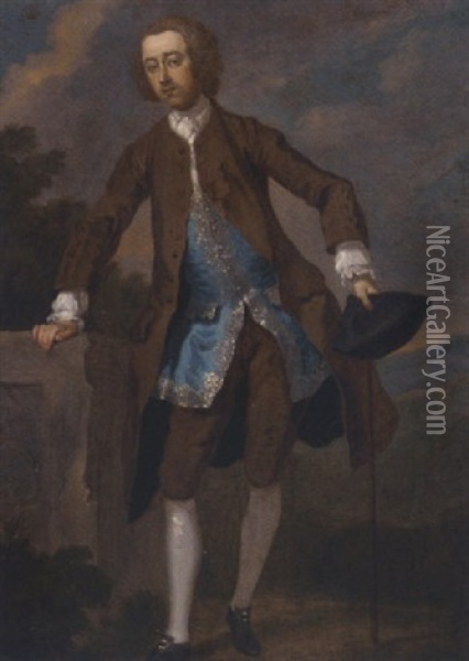 Portrait Of Gustavus Hamilton, 2nd Viscount Boyne, In A Brown Frock Coat And Blue Waistcoat, Holding His Cane And Tricorn Hat In His Left Hand Oil Painting - William Hogarth