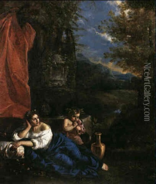 Flora Reclining In A Landscape Accompanied By The Infant    Bacchus Playing A Pipe Oil Painting - Pier Francesco Mola