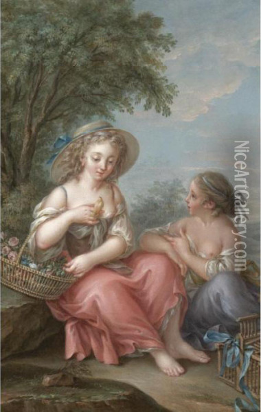 Two Young Girls Sitting In A Landscape With A Pet Canary Oil Painting - Jean-Baptiste Huet I