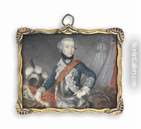 A Prussian Prince, Possibly Frederick William Ii (1744-1797), King Of Prussia, In Blue Coat With Silver-embroidered Pink Facings Oil Painting - Anton Friedrich Koenig