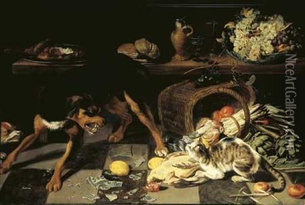 Chien Et Chat Dans Un Interieur De Cuisine Oil Painting - Paul de Vos