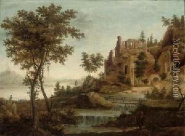 A River Landscape With Figures And Ruins By A Waterfall Oil Painting - Dirck Verhaert