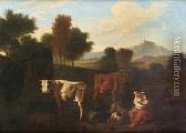 A Herdswoman And Her Child With Oxen, Sheep And Goats Beside A Stream Oil Painting - Simon van der Does