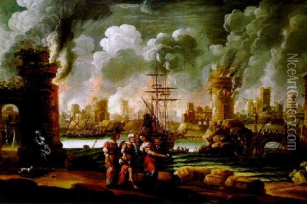 Lot Und Seine Tochter, Im Hintergrund Das Brennende Sodom Oil Painting - Pieter Mulier the Younger