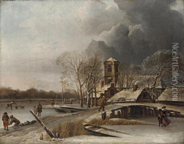 A Winter Landscape With Figures Skating Oil Painting - Hendrick Dubbels