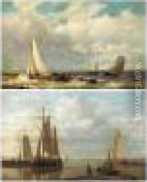 Sail Boats Off The Shore In High Winds; Harbour Scene, Evening Oil Painting - Abraham Hulk Jun.