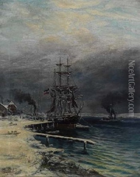 Bark Unter Schleswig-holsteinischer Flagge Im Verschneiten Hafen Oil Painting - Max Schroeder-Greifswald the Younger