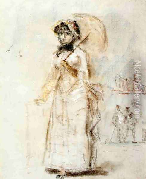 Young Woman Taking a Walk, Holding an Open Umbrella Oil Painting - Edouard Manet