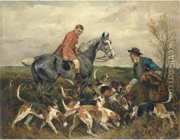A Huntsman On Horseback With Foxhounds Greeting A Hedger In A Landscape Oil Painting - John Emms