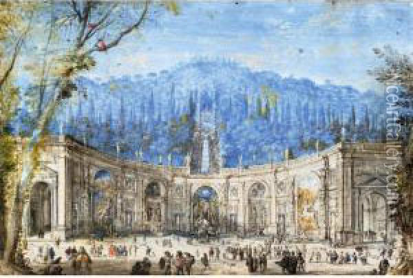 View Of The Water Theatre At The Villa Aldobrandini, Frascati Oil Painting - Johann Wilhelm Baur