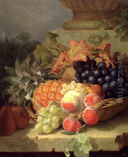 Peaches, Grapes And A Pineapple In A Basket, On A Stone Ledge Oil Painting - Eloise Harriet Stannard