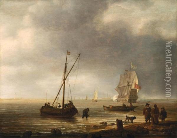Strandansicht Mit Segelschiff Und Booten Oil Painting - Simon De Vlieger