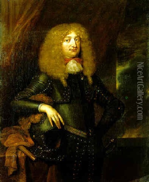 Portrait Of Walraad, Count Of Nassau-usingen, In Armour, At A Partly Draped Casement Oil Painting - Caspar Netscher