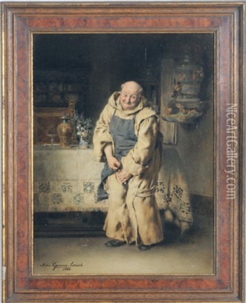 A Jolly Monk Opening Wine Oil Painting - Antonio Casanova y Estorach