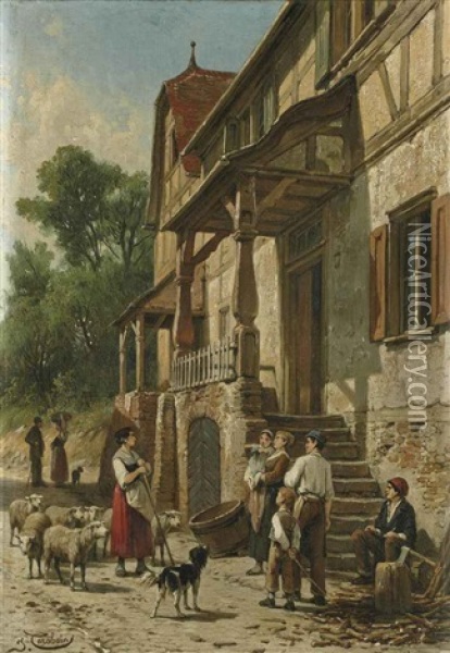 Une Rue A Filsen, Bords Du Rhin Oil Painting - Jacques Francois Carabain