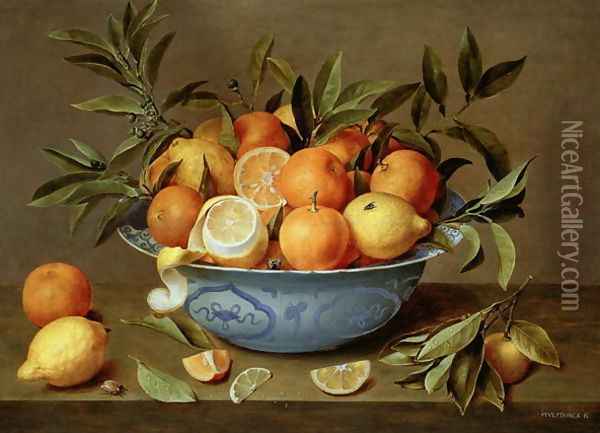 Still Life with Oranges and Lemons in a Wan Li Porcelain Dish Oil Painting - Jacob van Hulsdonck