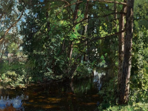 River In The Forest Oil Painting - Stanislaw Zukowski