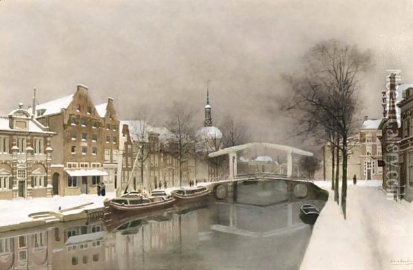 A Wintry View Of Leiden Oil Painting - Johannes Christiaan Karel Klinkenberg