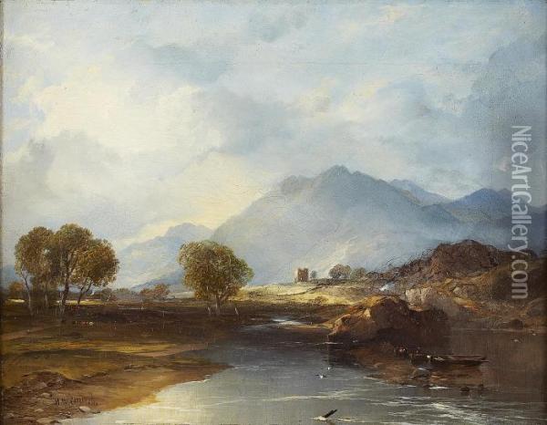 A Highland River Landscape With Distant Tower Oil Painting - Horatio McCulloch
