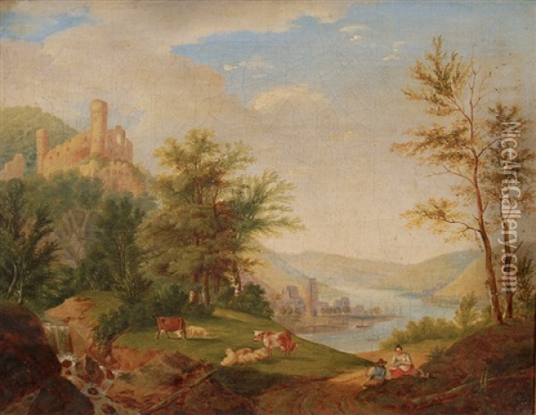 Idyllic Rhine Landscape Oil Painting - Johann Jakob Meyer