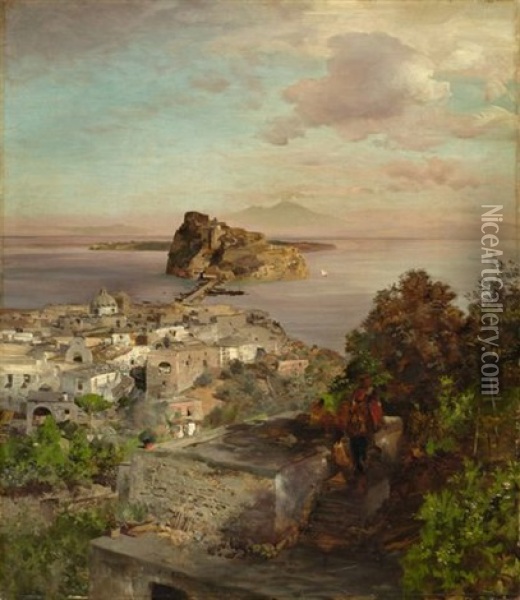 View Over Sant'angelo (ischia) To The Castello Aragonese, In The Background Mount Vesuvius Oil Painting - Oswald Achenbach