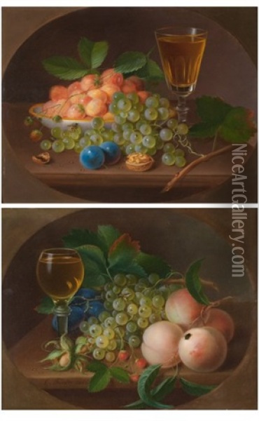 Natures Mortes De Fruits Avec Un Verre De Vin Sur Un Entablement (pair) Oil Painting - George Forster