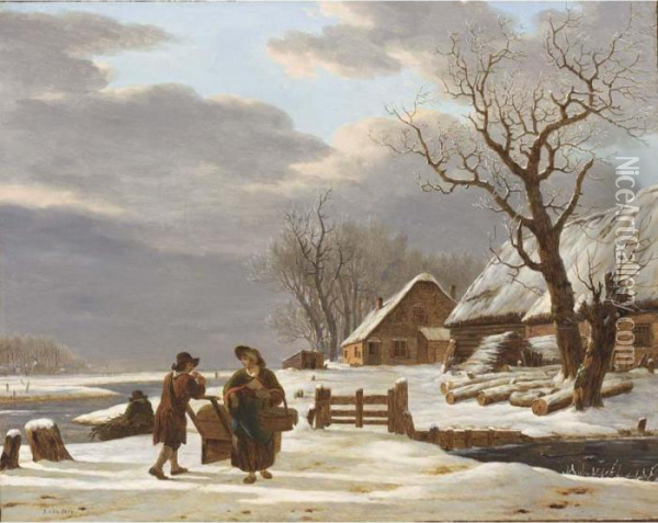 A Winter Landscape With A Farmstead Near A Frozen River And A Couple Conversing Oil Painting - Jacob Van Stry