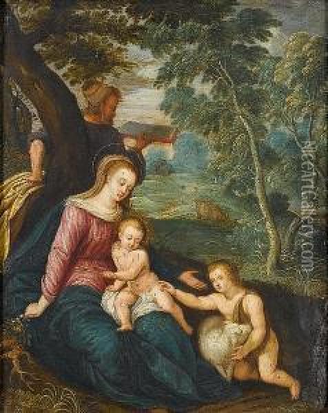 The Holy Family With Saint John 
The Baptist In A Landscape; And The Virgin And Child Attended By Angels 
And The Holy Spirit Oil Painting - Cornelis de Baellieur