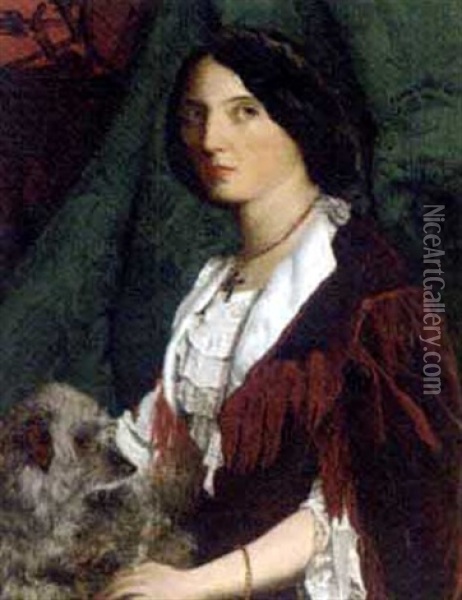 Portrait Of A Lady In A Red Velvet Dress With Lace Trim And White Collar, Holding A Dog, A Green Curtain Beyond Oil Painting - John Lawson