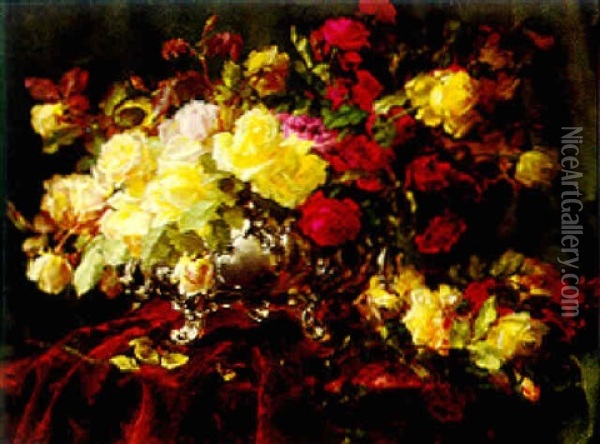 Elegant Bouquet Of Flowers In A Silver Vase Oil Painting - Joseph De Belder