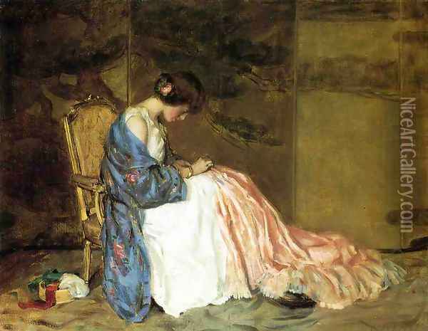 Girl Sewing - The Party Dress Oil Painting - William Wallace Gilchrist Jr.