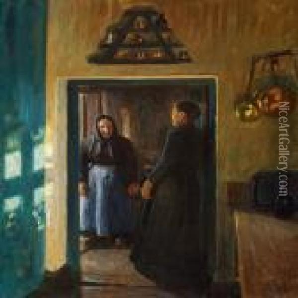 Interior From Skagen With Two Women In A Doorway Oil Painting - Viggo Johansen