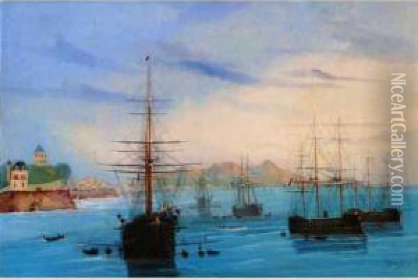 La Flotte Francaise Dans La Rade De Marseille. Oil Painting - Cheri Francois Dubreuil