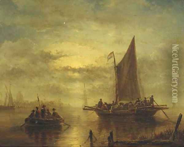 Moored sailingvessels in moonlight Oil Painting - George Willem Opdenhoff
