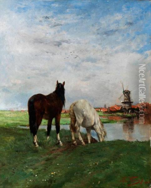 Hollandische Landschaft Mit Zwei Pferden Am Teichufer, Mit Windmuhle Im Hintergrund Oil Painting - Alfred Jacques Verwee