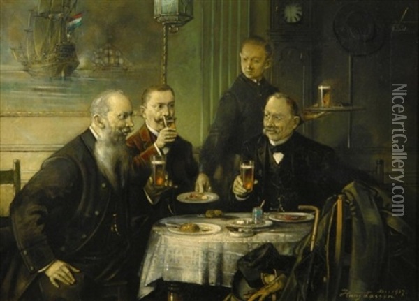 Herrenrunde Beim Mittaglichen Imbiss Oil Painting - Hans August Lassen