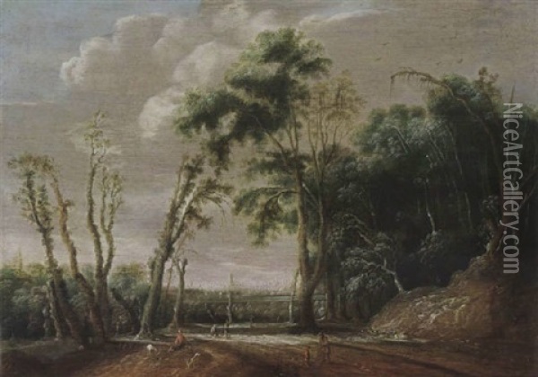 A Wooded Landscape With Figures On A Path And A Shepherd Resting With His Flock, A View Of A Valley With A Town Beyond Oil Painting - Jacob van Geel