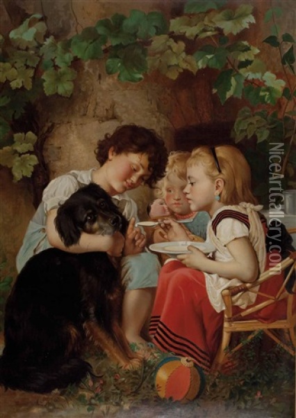 Drei Kinder Beim Hundefuttern Oil Painting - Carl Reichert