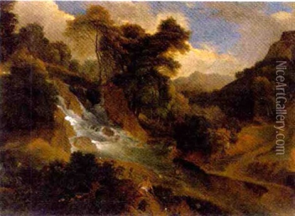 A Wooded Landscape With Women By A Waterfall Oil Painting - Jean Francois (Francisque) Millet the Younger