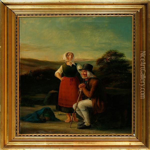 An Elderly Gentleman And A Younger Woman Are Resting At St. Helene Spring Outside Tisvildeleje Oil Painting - Magnus Petersen