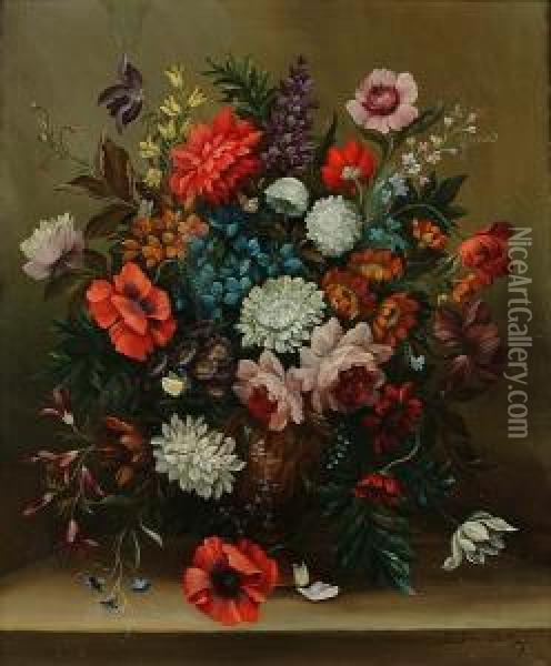 A Still Life Of Flowers On A Stone Ledge Oil Painting - Jacob Van Aelst