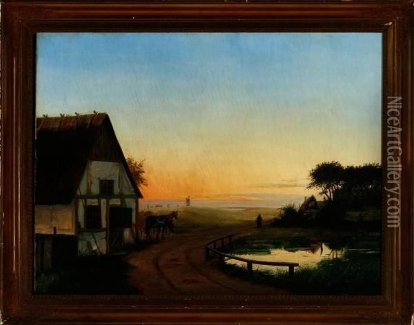 Evening Atmosphere By The Village Pond Oil Painting - A. Andersen