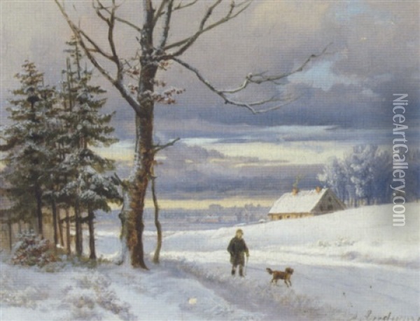 Vinterlandskab Med Spadserende Herre Og Hund Oil Painting - Anders Andersen-Lundby