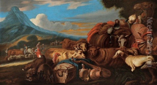 Greggi Di Pecore Con Pastori, Cani, Cavallo E Cammello Oil Painting - Francesco Castiglione