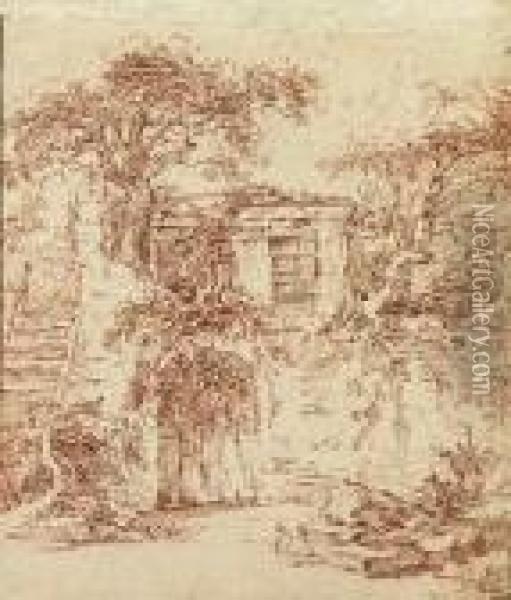 A Garden Shed Built In The Ruins Of An Old Cottage Oil Painting - Francois Boucher