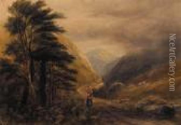 A Woman On A Mountain Path Oil Painting - Andrew Nicholl