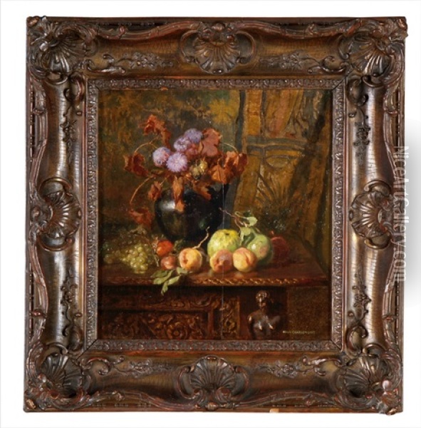 Herbstliches Stillleben Mit Blumenstrauss, Pfirsichen, Apfeln Und Trauben Oil Painting - Hugo Charlemont